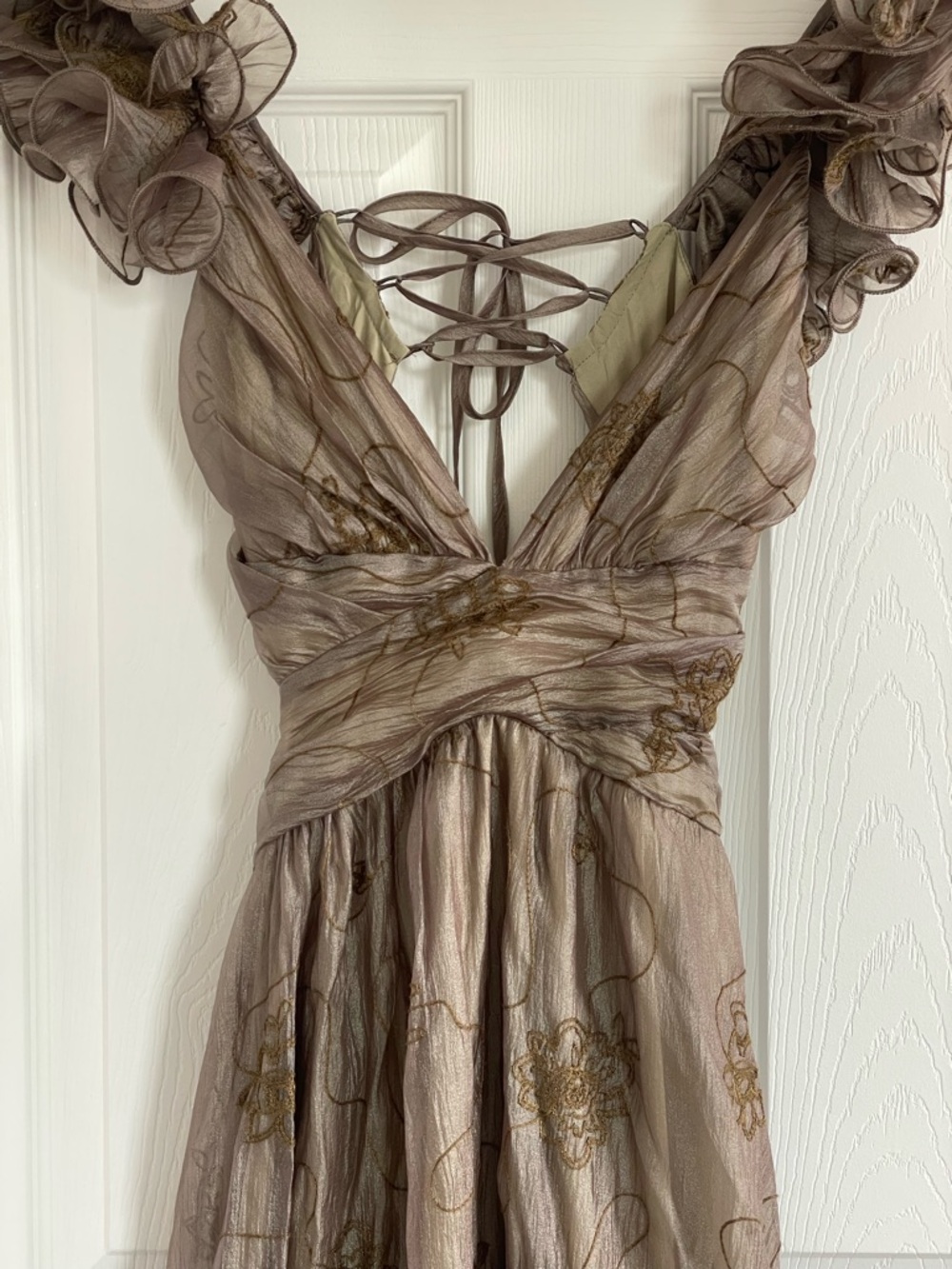 Storia Backless Corset Ruffled Maxi Dress in Olive-Taupe-Gold Wedding Guest READ - Picture 6 of 13